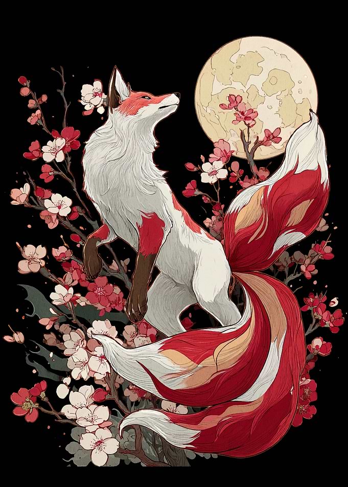 Fox with Cherry Blossoms and Moon