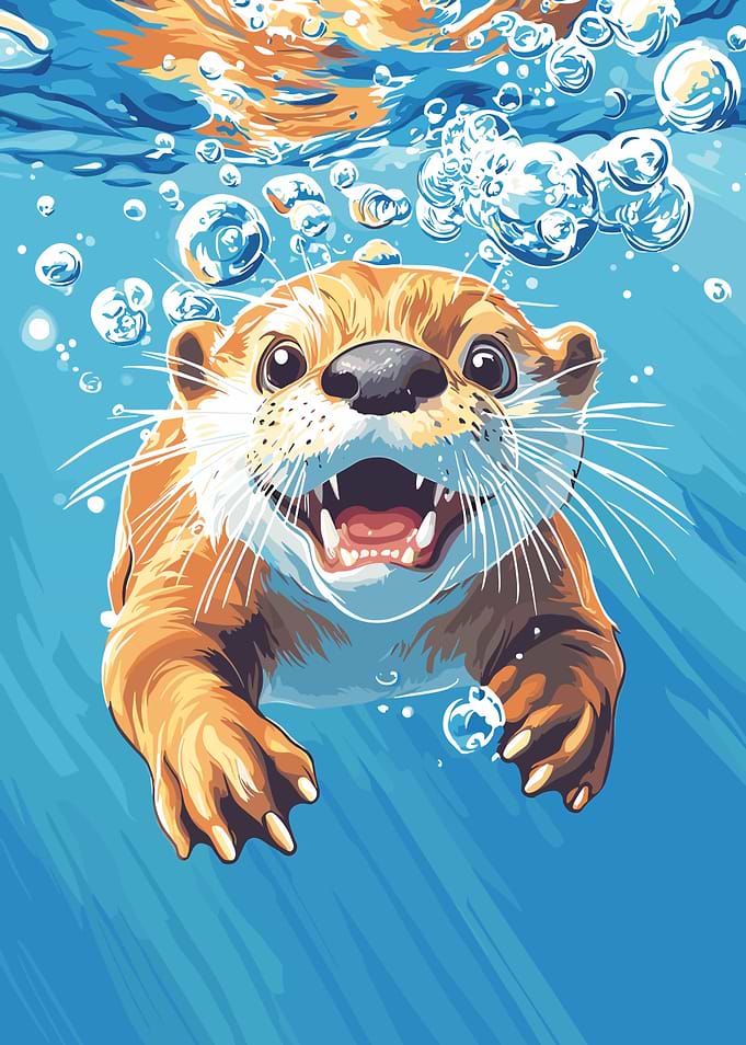 Cartoon Otter Swimming Underwater with Bubbles