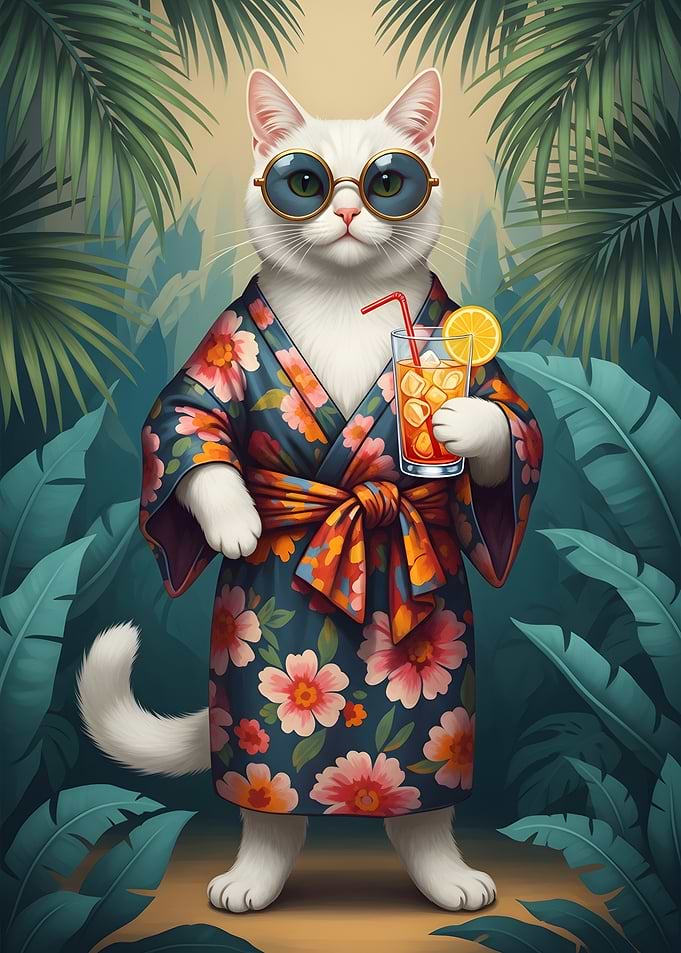 Cool Cat in Kimono with Cocktail