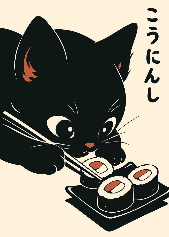 Black Cat with Sushi and Chopsticks