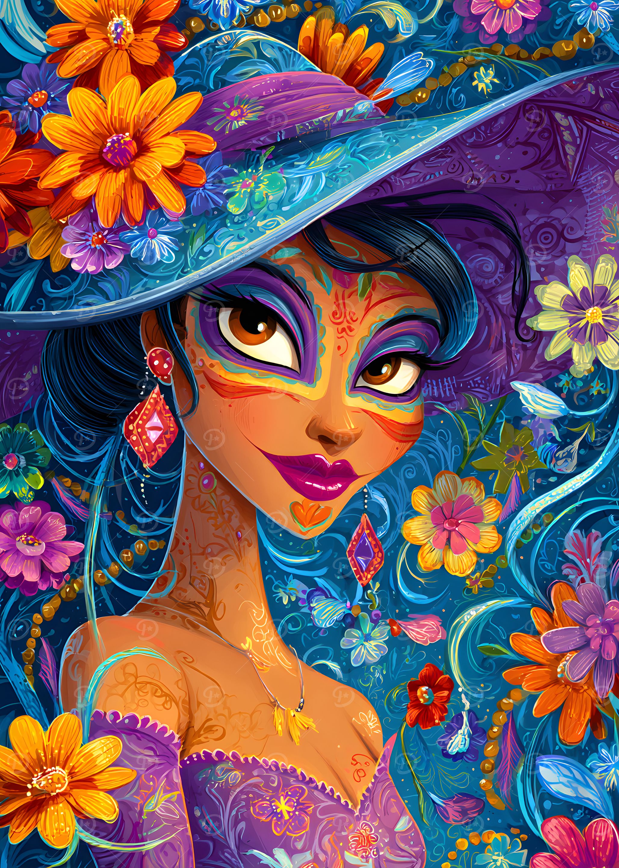 Floral Woman with Hat Digital Art