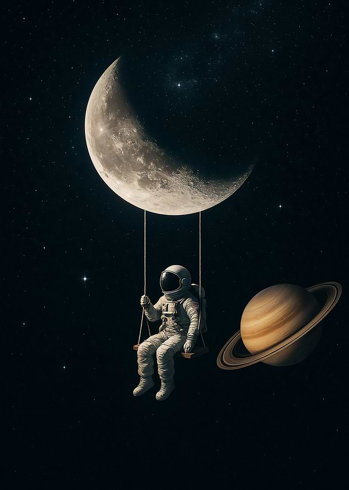 The Cosmic Silence – Minimalist Space Art with Astronaut & Stars