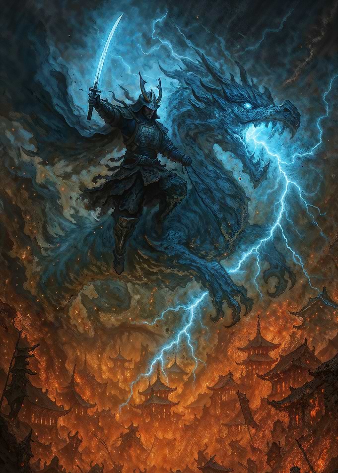 Samurai and Dragon Amidst Lightning Storm
