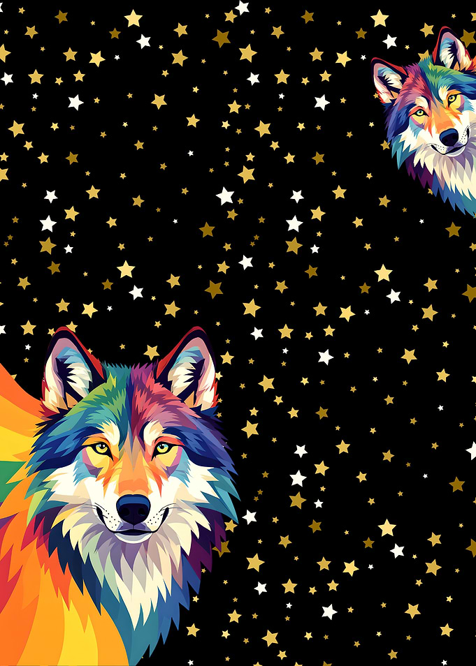 Colorful Wolves in Starry Night