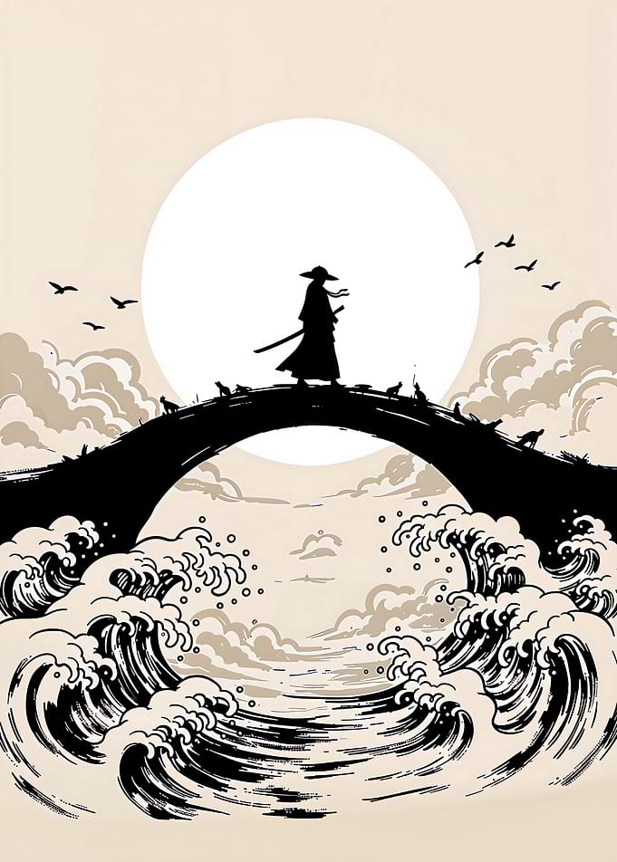 Samurai on Bridge with Moon