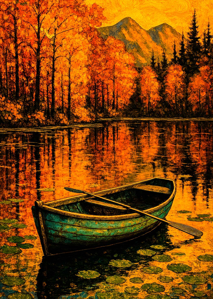 Autumn Lake with Boat Painting