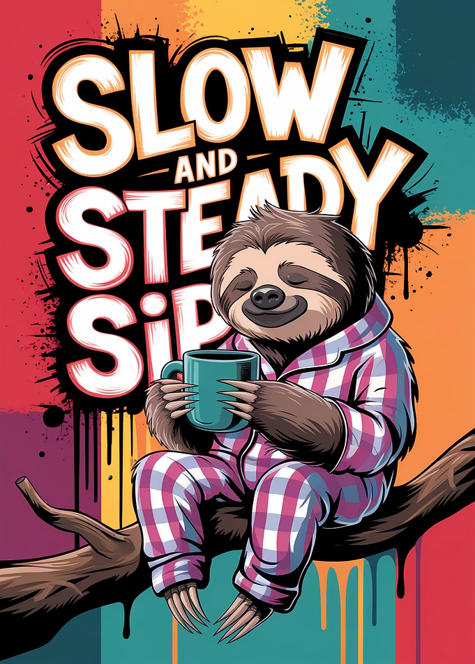 Slow and Steady Sloth Sipping Coffee funny animals art text art
