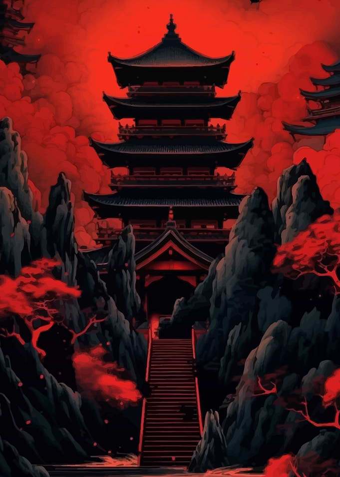 Red Japanese Temple on Mountain