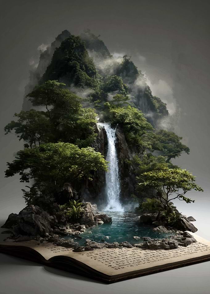 Waterfall Landscape on Open Book