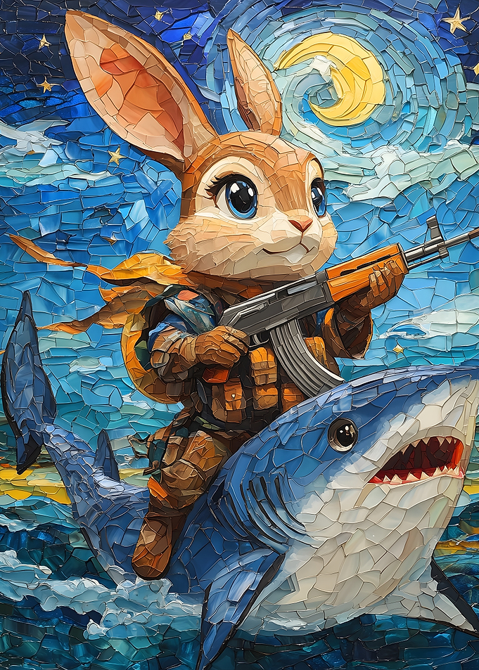 Armed Rabbit Riding Shark in Starry Night