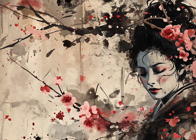 Geisha with Cherry Blossoms Painting