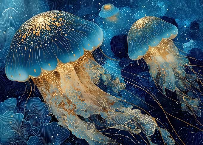 Elegant Blue and Gold Jellyfish Art