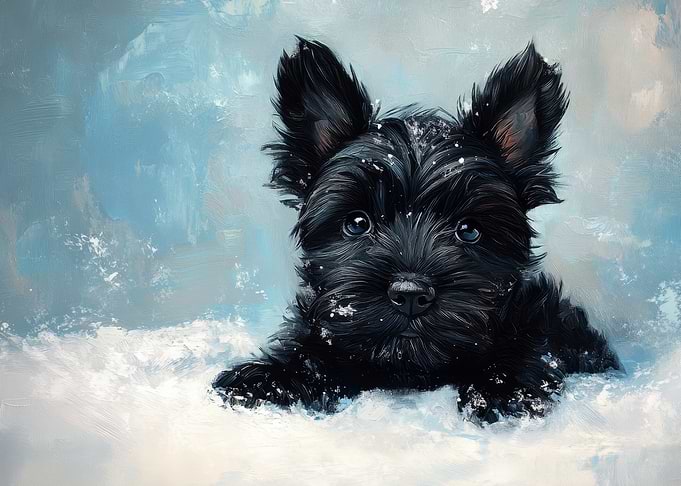 Black Terrier Puppy in Snow Painting | Winter dog decor