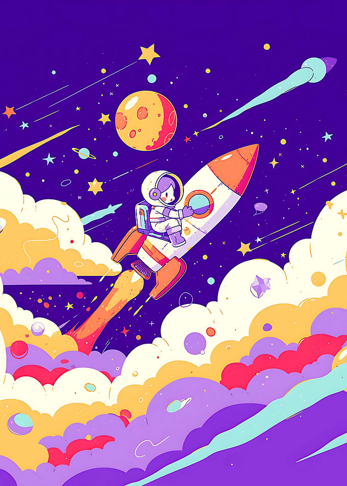 Cartoon Astronaut on Rocket in Space