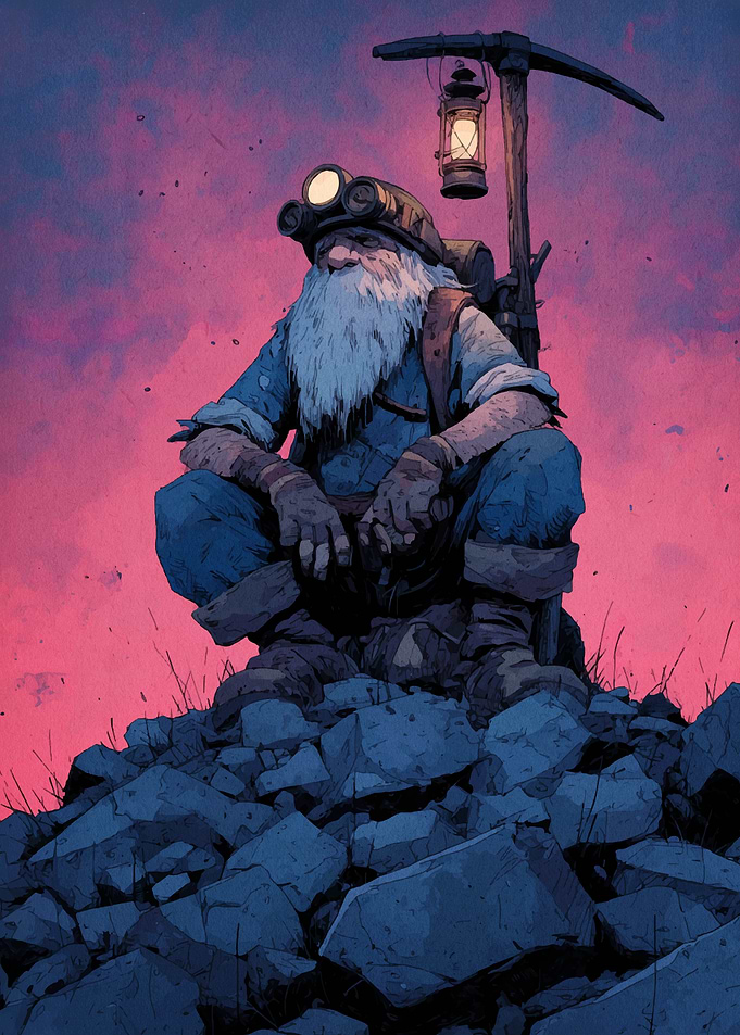 Dwarf Miner Resting on Rocks