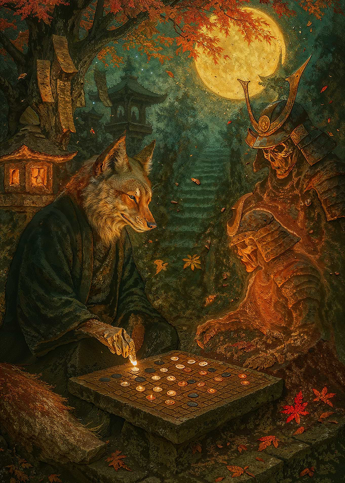 Fox and Samurai Play Go Game at Night