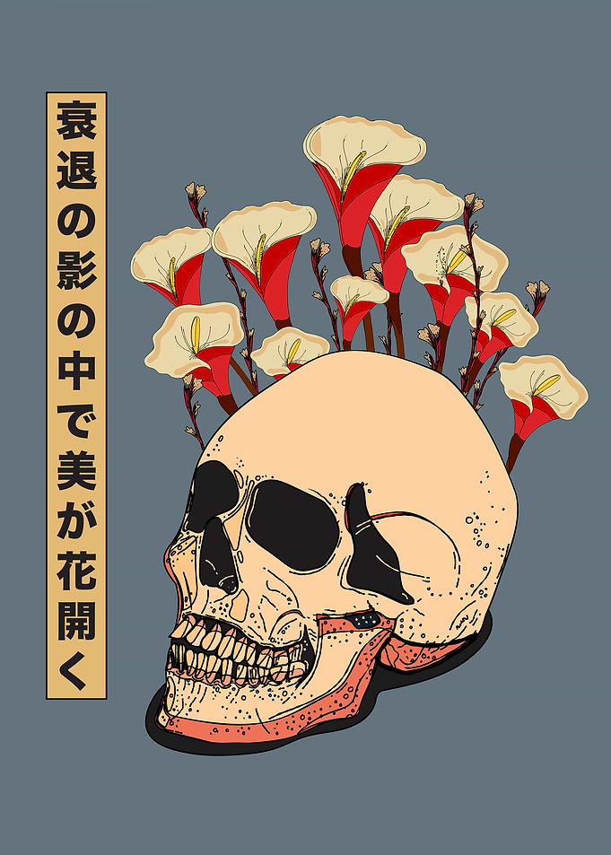Skull with Flowers and Japanese Text