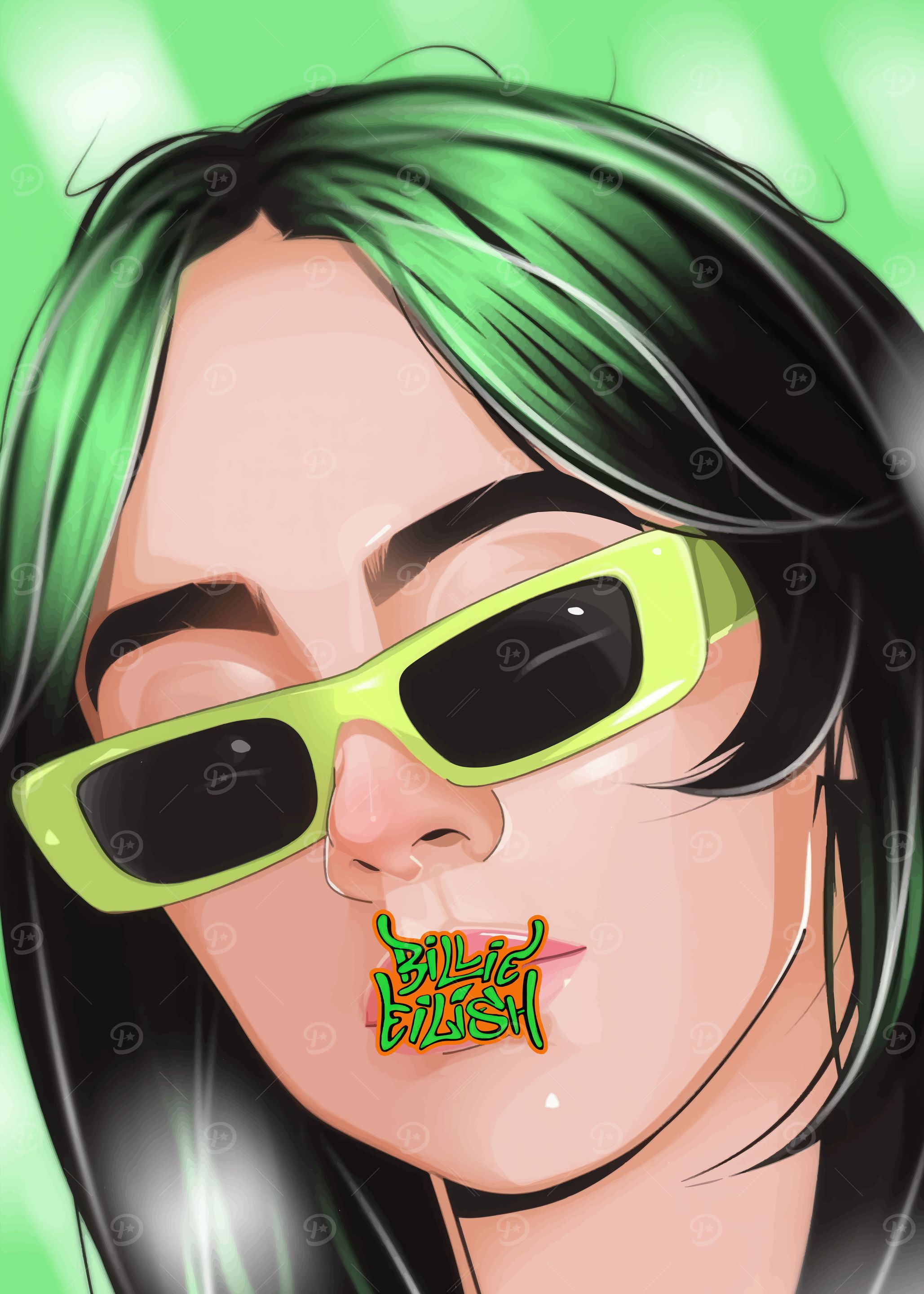 Billie Eilish Portrait with Green Accents