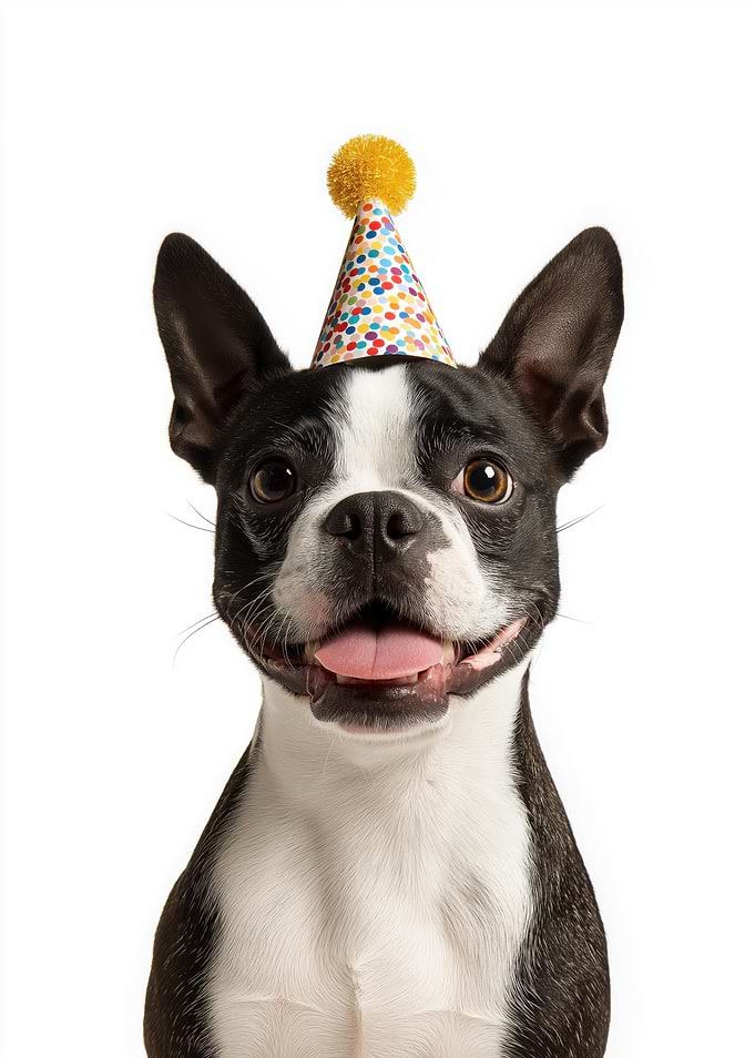Boston Terrier Dog with Birthday Hat