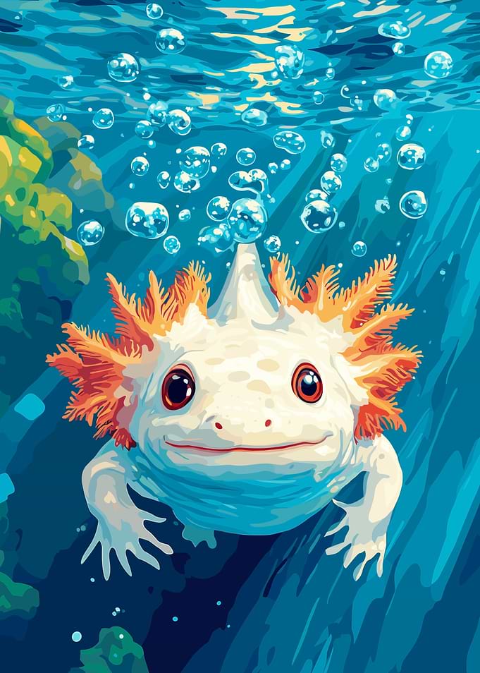 Smiling Axolotl in Blue Water