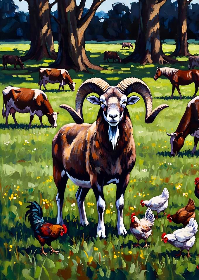 Pastoral Scene with Ram, Cows, and Chickens