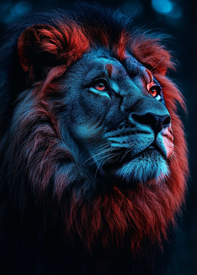 Lion Portrait with Red and Blue Lighting