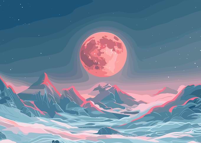 Pink Moon over Mountain Landscape