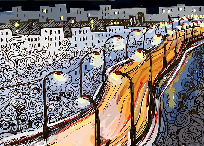 Cityscape at Night with Streetlights