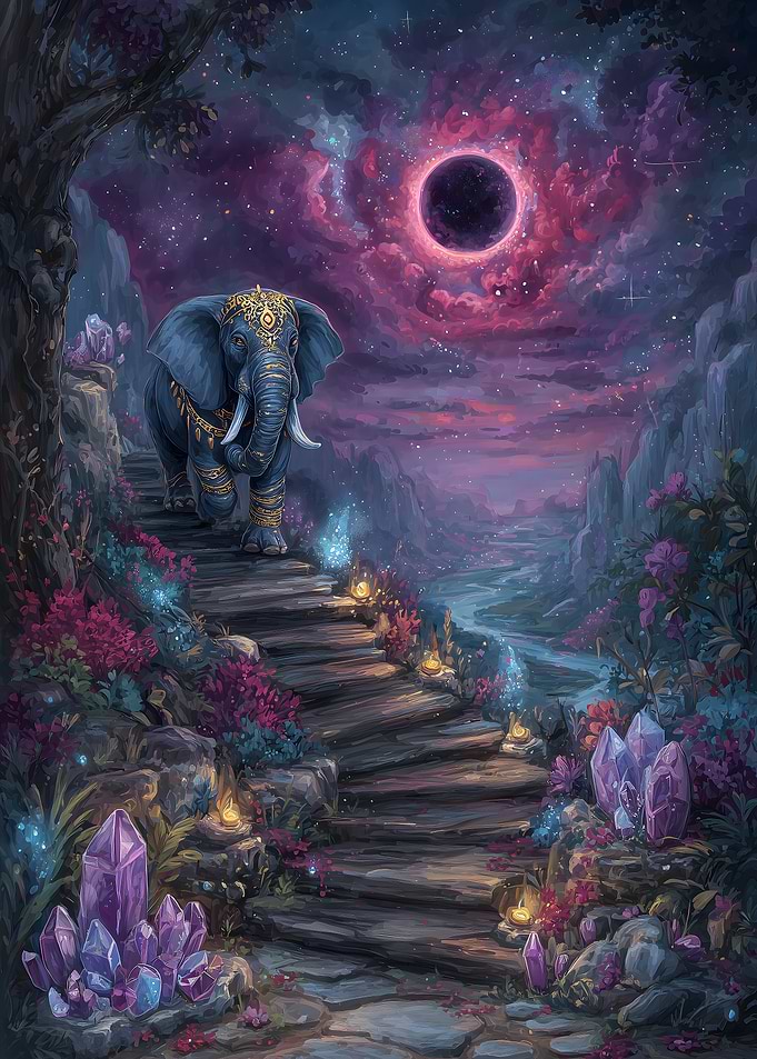Elephant on stairs to eclipse