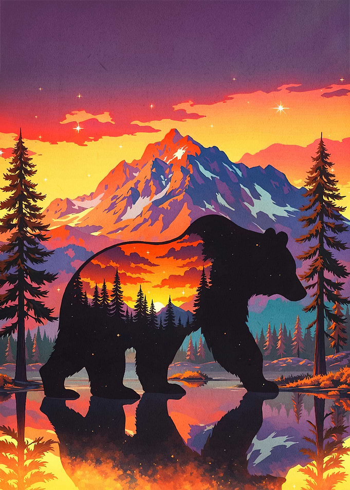 Bear Silhouette Landscape Sunset