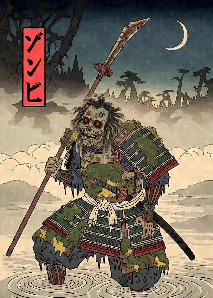 Zombie Samurai Ukiyo-e Style Illustration