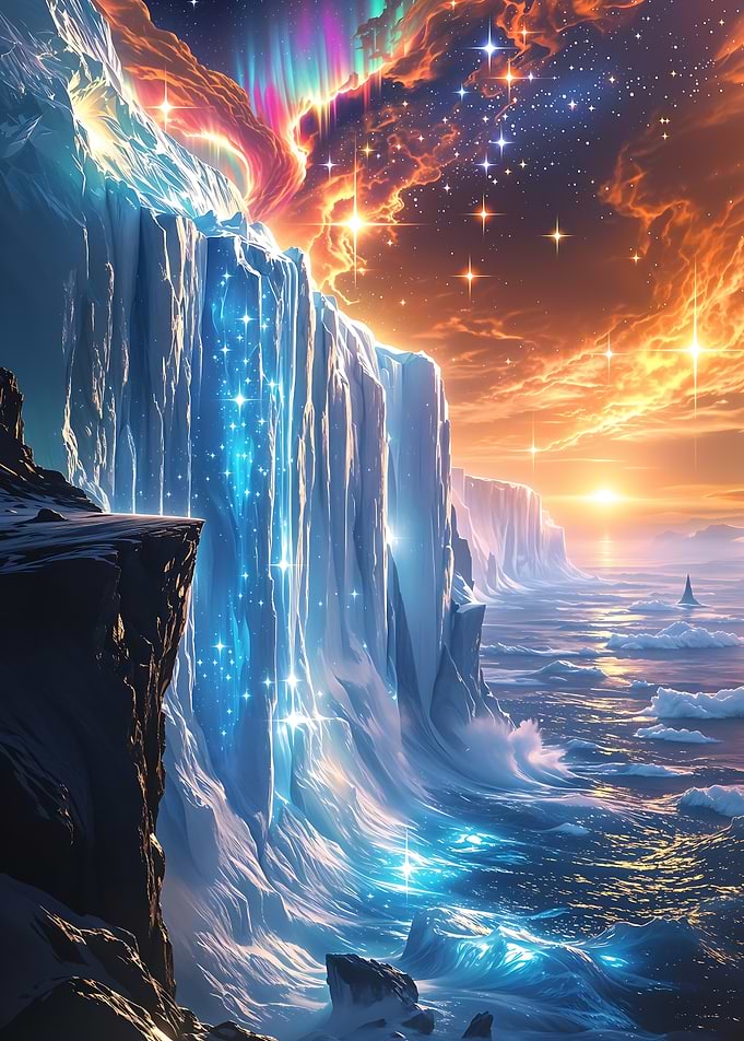 Icefall Realm Aurora Borealis over Ice Cliffs