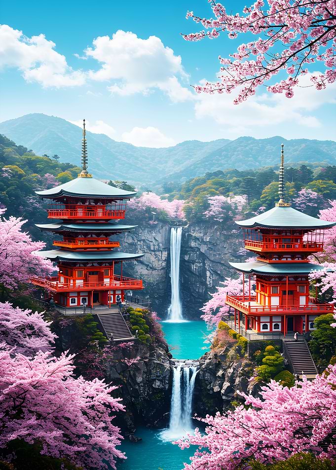 Japanese Pagodas with Cherry Blossoms and Waterfall