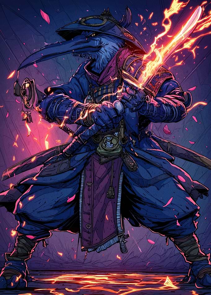 Bird Samurai with Flaming Sword