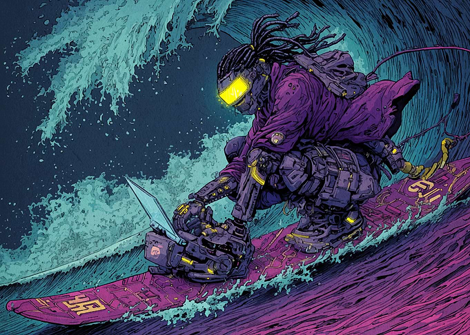 Cyberpunk Surfer with Laptop on Wave