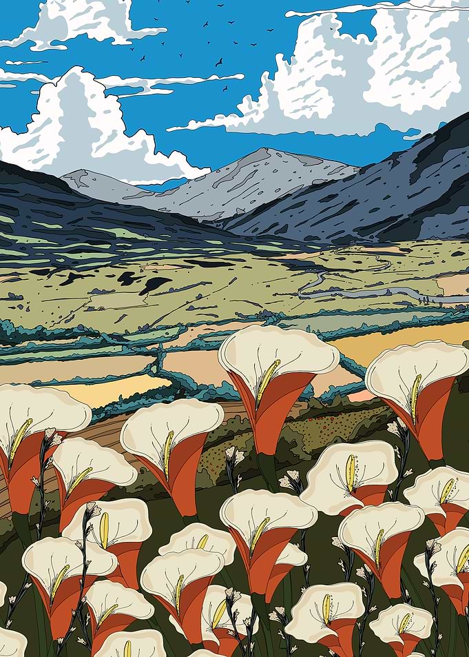 Floral Landscape with Mountains and Sky