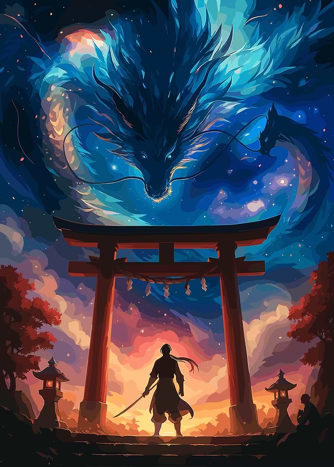 Samurai and Dragon at Torii Gate