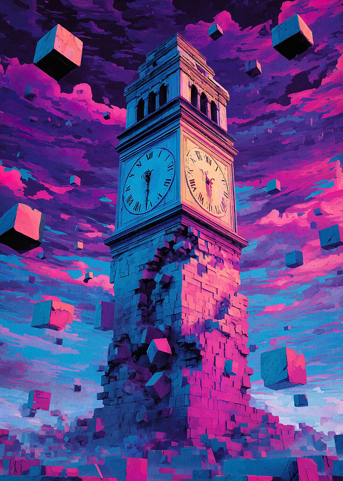 Surreal Clock Tower with Floating Cubes