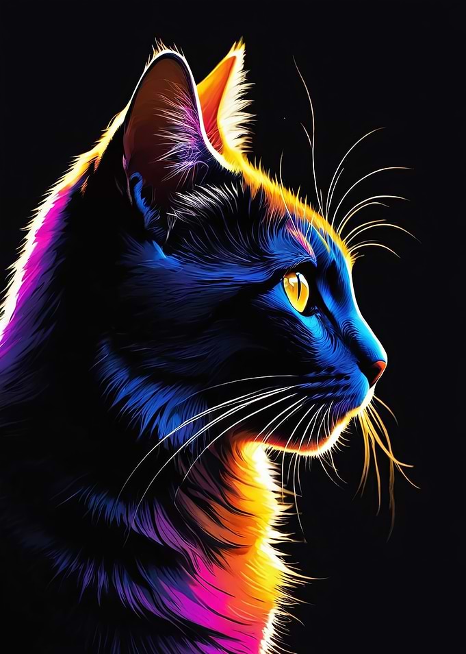 Colorful Cat Portrait on Black Background