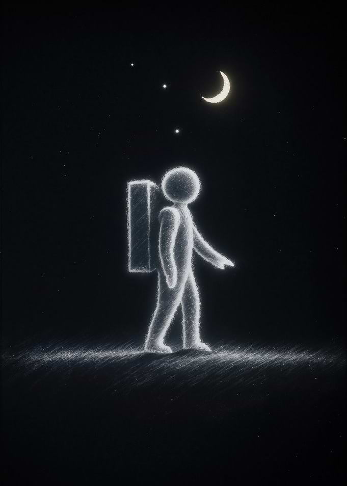 Cosmic Wanderer: Minimalist Astronaut & Moon Sketch | Black and White Space Wall Art