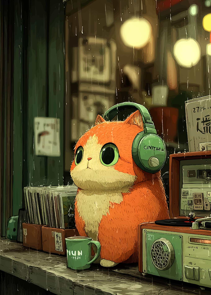 Cat with Headphones in Rainy Setting