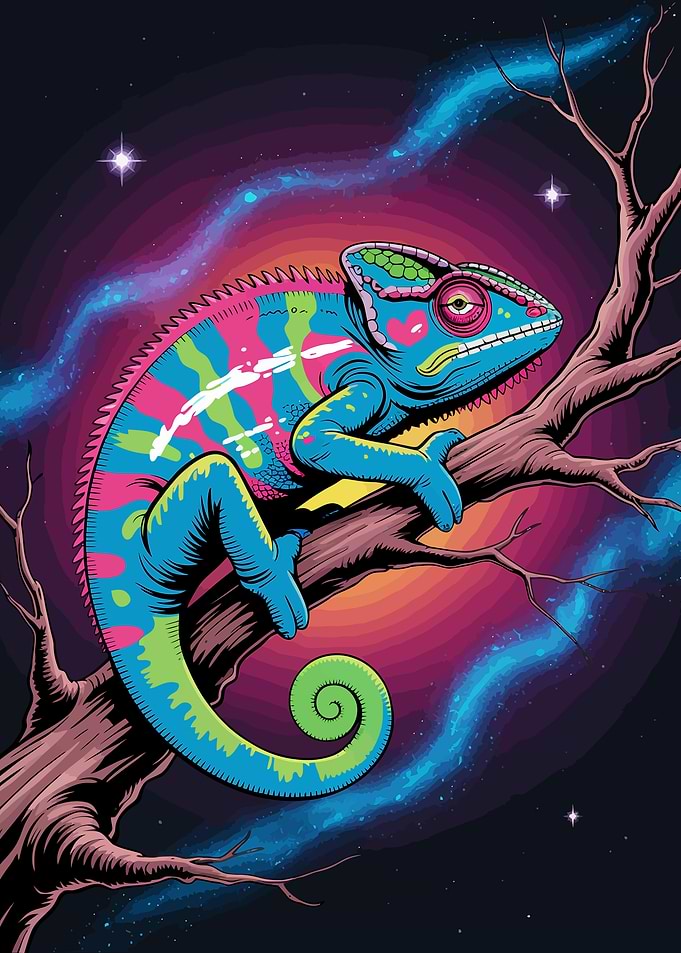 Colorful Chameleon on Branch in Space