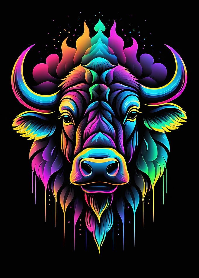 Colorful Buffalo Head on Black Background