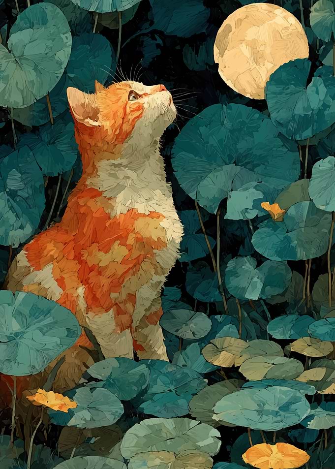 Cat Gazing at Moon Among Lilypads