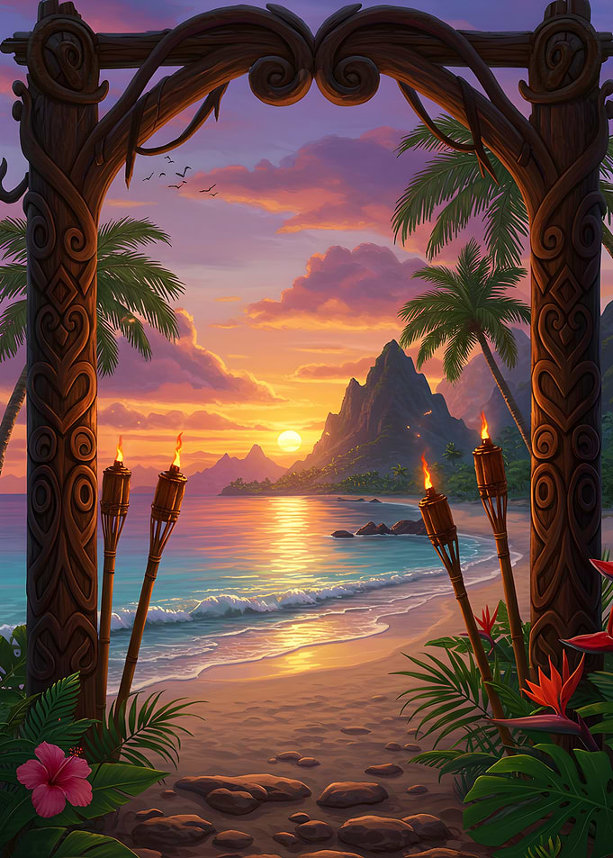 Tropical Beach Sunset with Tiki Torches