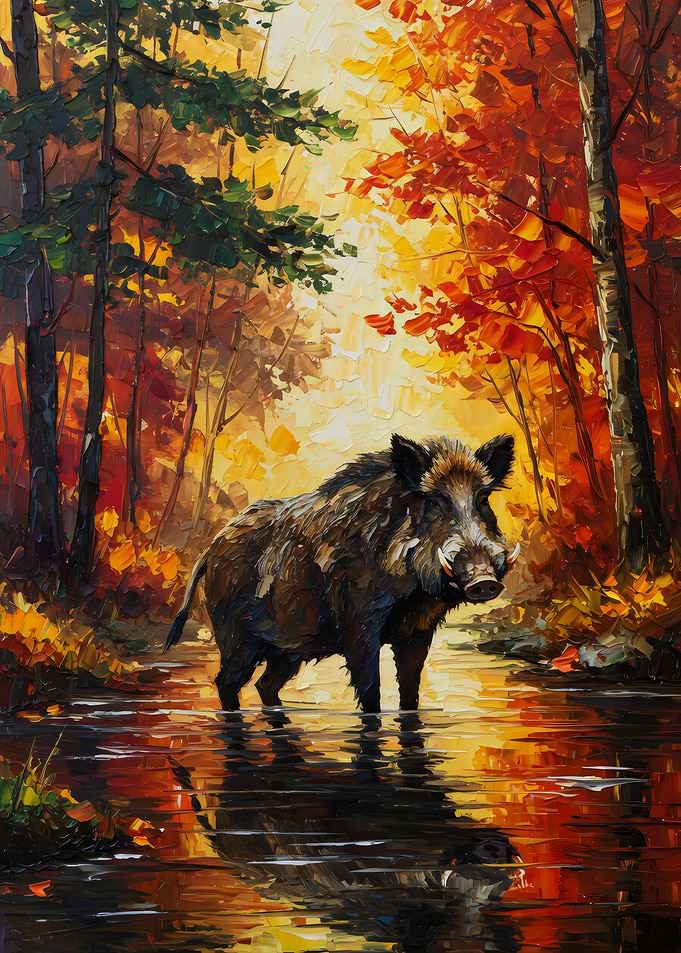 Wild Boar in Autumn Forest Painting