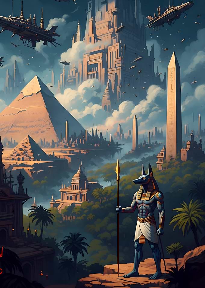 Futuristic Egyptian Cityscape with Anubis