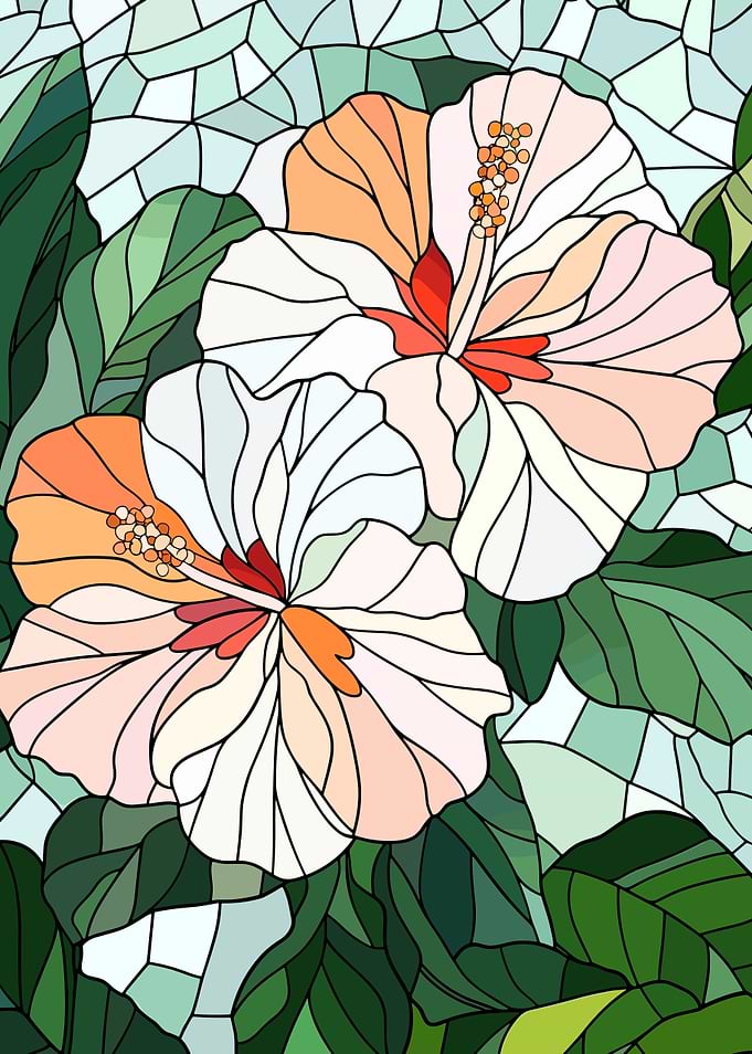 Hibiscus Flowers Stained Glass Style Illustration