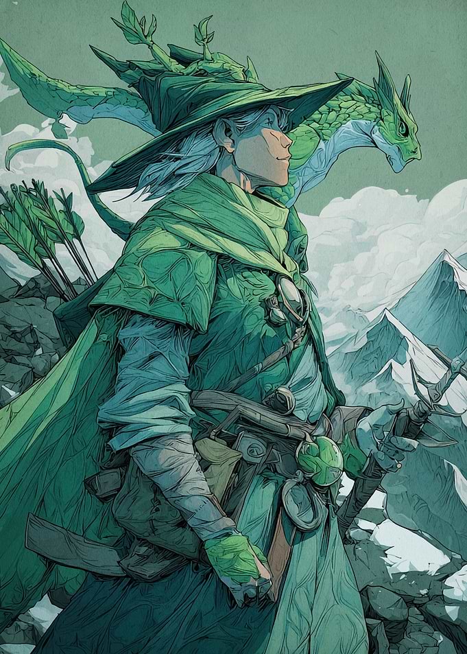 Green Wizard with Dragon Companion