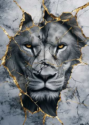 Lion Portrait with Golden Cracks